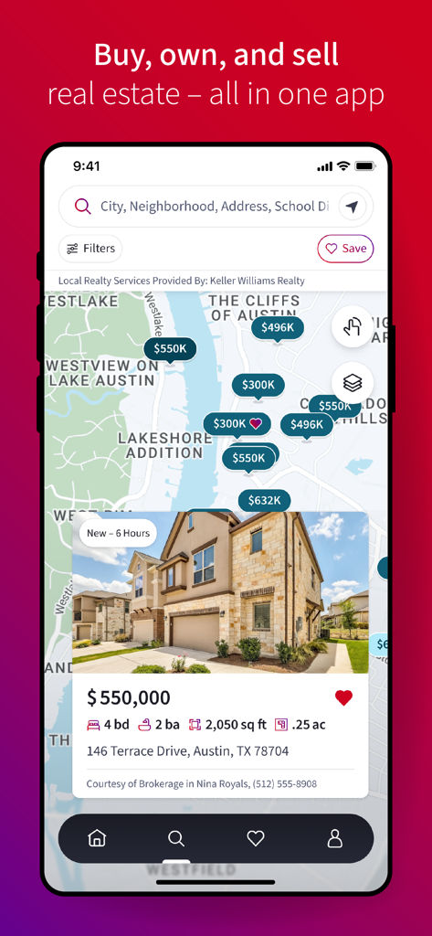 KW Real Estate - KW Real Estate app screen showing a map search for houses in Austin Texas with listing prices and property details.