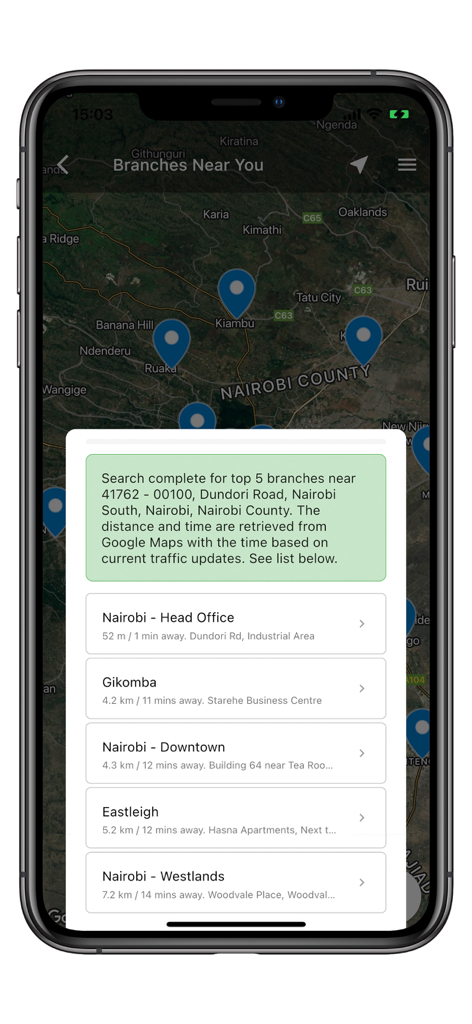 D&S FLO mobile app showing a map and list of nearby Davis and Shirtliff branches with travel times