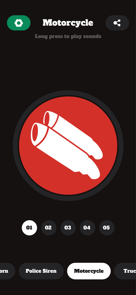 Horn Sounds - Car Horn & Siren - Interface of the Horn Sounds app showing the motorcycle engine sound screen with five different tone options