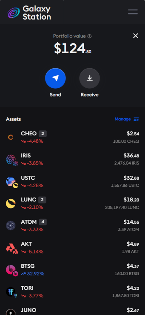 Galaxy Station Mobile App Dashboard mit Gesamtanlagewert und einer Liste von Cosmos-Ökosystem-Assets wie ATOM und LUNC