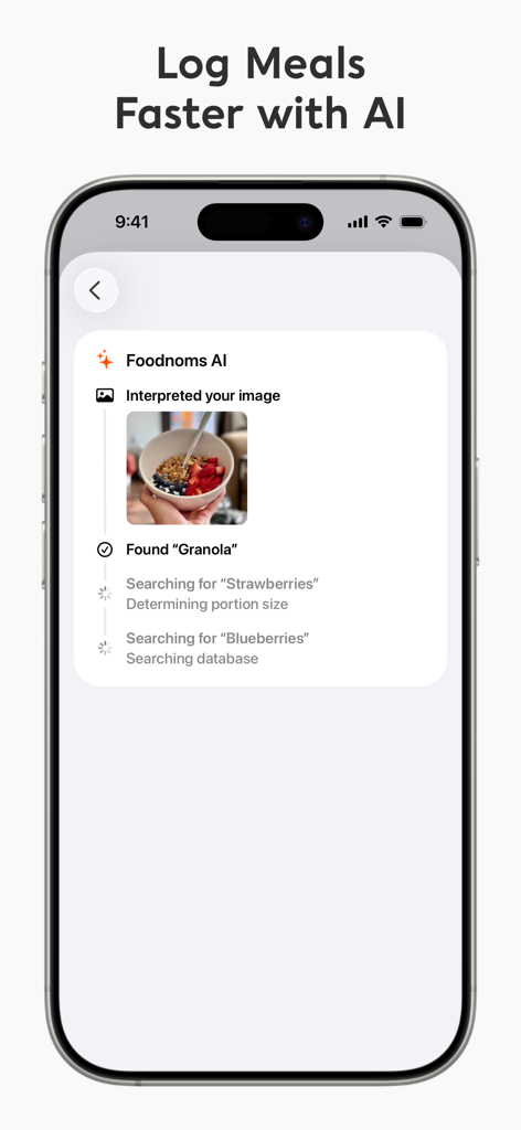 Nutrition Tracker: Foodnoms - A mobile interface showing the Foodnoms AI feature identifying granola, strawberries, and blueberries from a photo of a meal