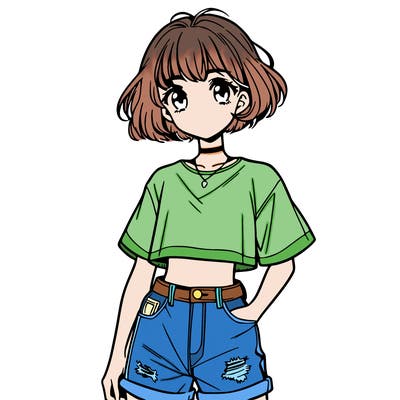 hot anime girl wearing a crop top and jorts