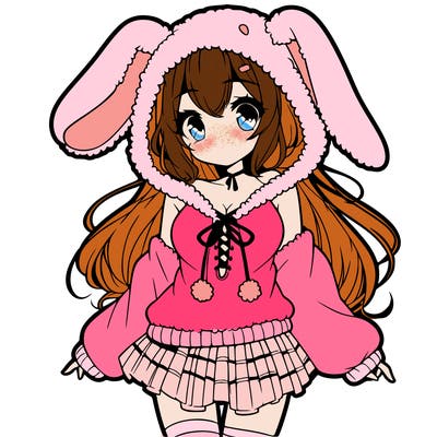 pretty anime girl wearing a fluffy hoodie with bunny ears on the hood and a skirt