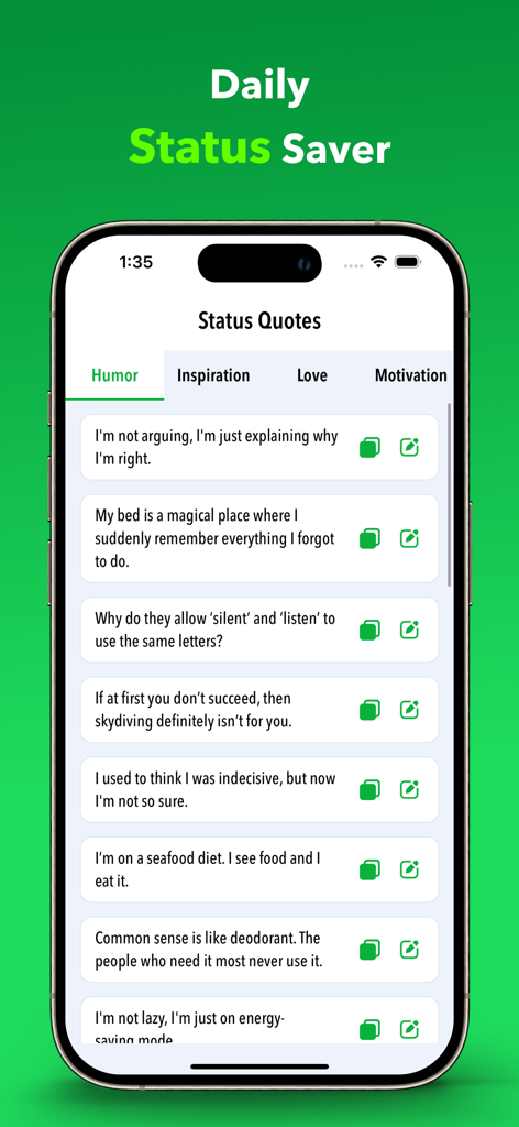 Status Saver - Download Status - Mobile App-Oberfläche mit humorvollen Statuszitaten mit Optionen zum Kopieren und Bearbeiten.