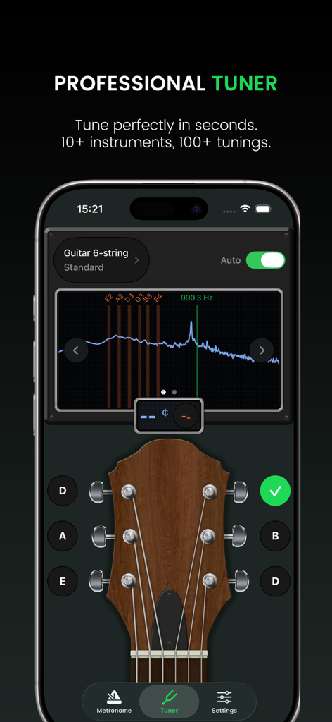 Metronome Tuner X: Pro Guitar - 周波数スペクトル分析と6弦ヘッドストックビューを備えたプロフェッショナルギターチューナーインターフェース