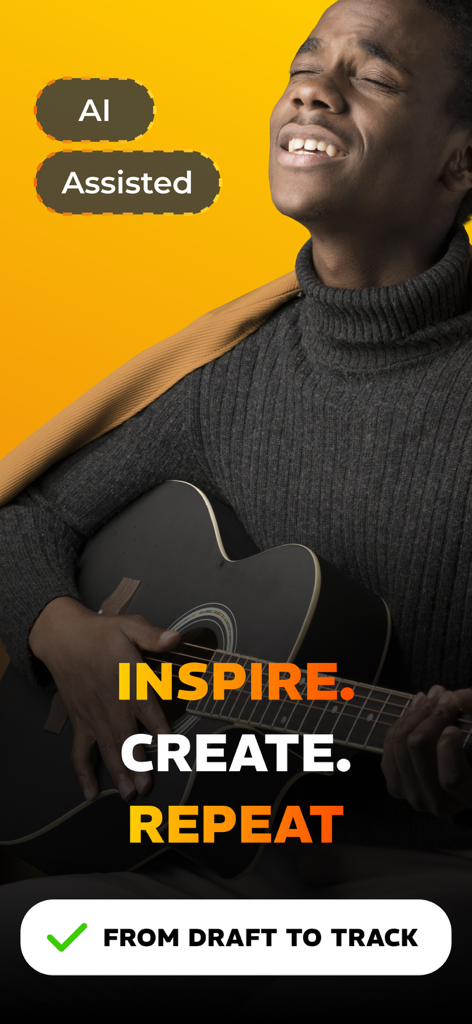 A man playing an acoustic guitar with text overlays mentioning AI Assisted songwriting and the slogan Inspire Create Repeat