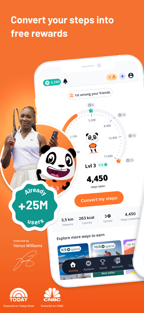WeWard - Walking Rewards App - Interfaz de la aplicación móvil WeWard que muestra el contador de pasos y las funciones de conversión de recompensas con el respaldo de Venus Williams