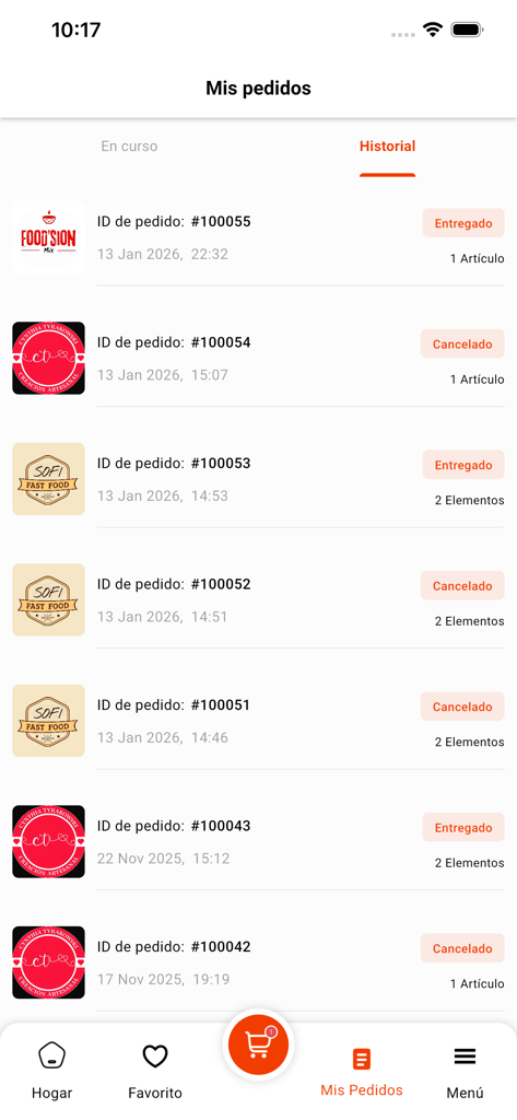 Aguara Deliveryアプリの注文履歴画面。地元の店舗からの配達済みおよびキャンセルされた注文のリストを表示します。