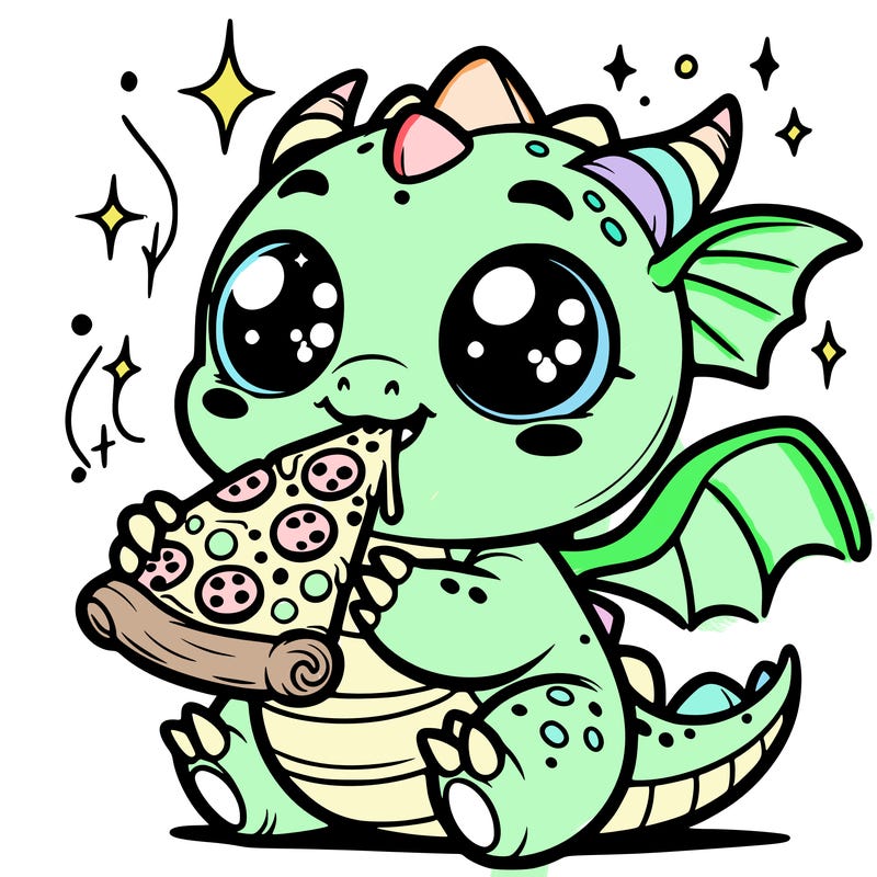 cute magical dragon with a big slice of pizza, big eyes