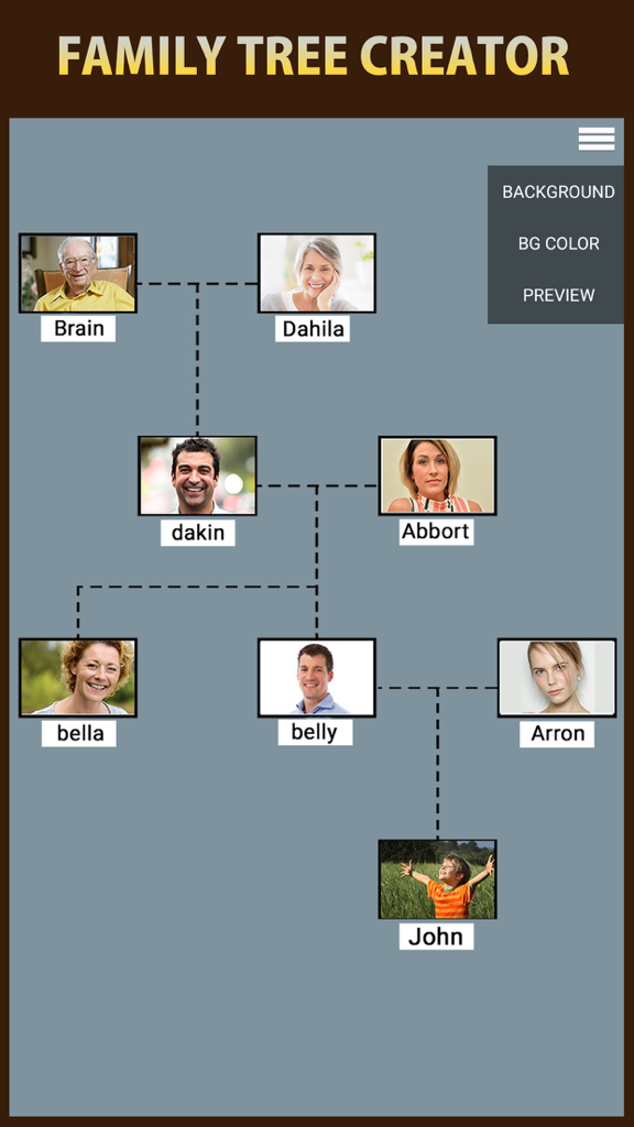 Family Tree Creator app interface displaying a simple ancestry chart with photos and names of family members.