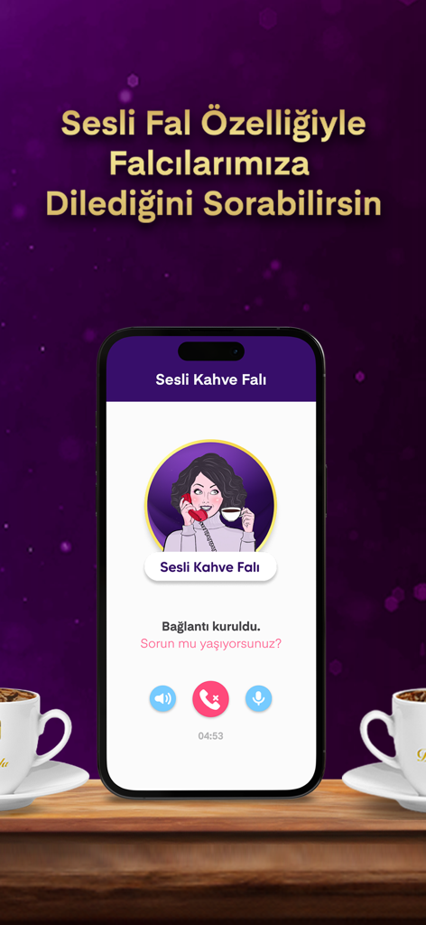 Derya Abla Kahve Falı - Schermata dell'app mobile che mostra l'interfaccia della chiamata di divinazione vocale del caffè con una donna illustrata in una chiamata telefonica