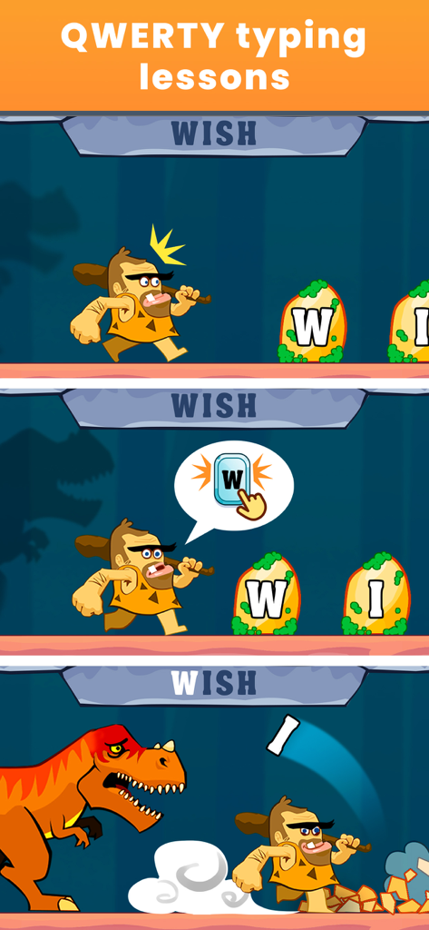 Typing Practice - Dino Hunting - Educational game screen showing QWERTY typing lessons with a caveman and a dinosaur