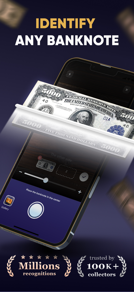 Banknote ID: Note Identifier - Eine Smartphone-App namens Banknote ID scannt und identifiziert einen Fünftausend-Dollar-Schein.