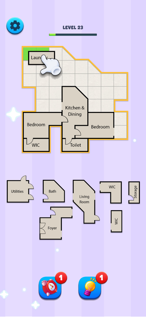 A floor plan puzzle in Dreamy Architect showing room sections being organized into a house layout