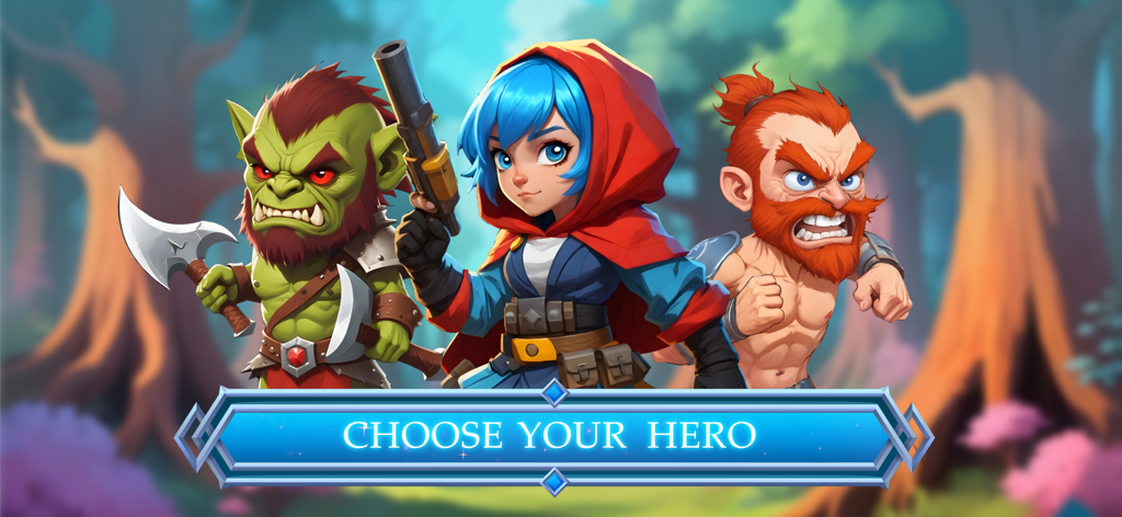 Hero selection screen featuring an orc a female scout and a warrior in the game Hexapolis