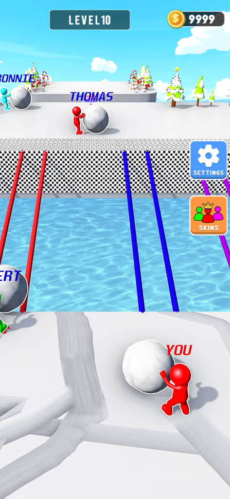 Snow Sprint: 3D Race Rush - A red stickman character rolling a large snowball to build a bridge in the Snow Sprint 3D Race Rush game.