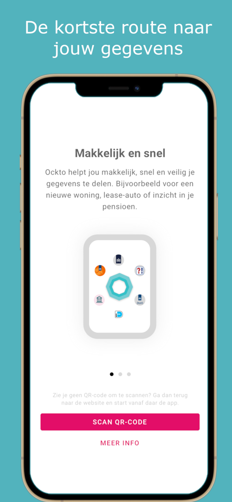 Ockto app onboarding screen for secure financial data sharing with a scan QR code button