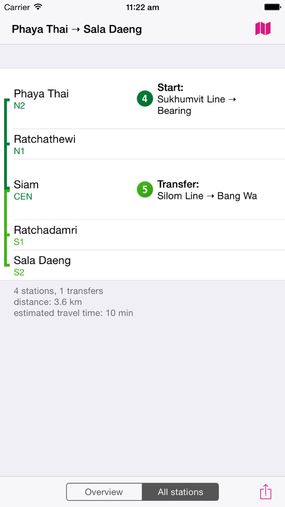 Bangkok Rail Map Lite - Bangkok Rail Map Lite App-Oberfläche, die Anweisungen von Phaya Thai nach Sala Daeng mit Umsteigeinformationen anzeigt