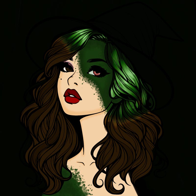 realistic witch girl with wavy hair and lips