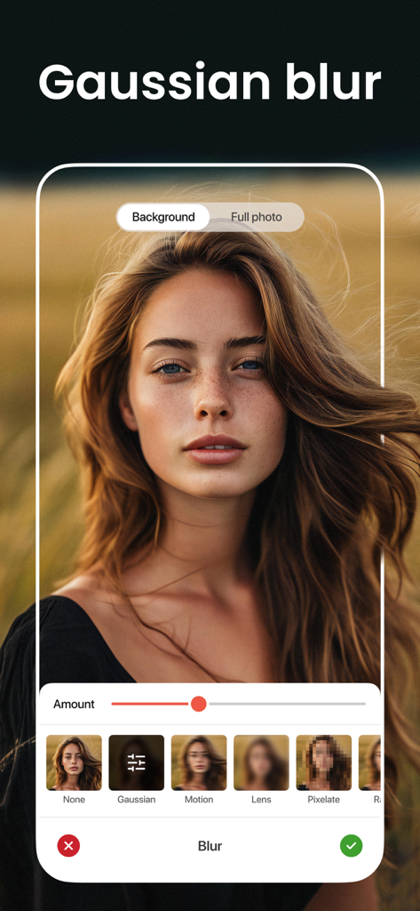 Motion Blur: Photo, Background - Interface do aplicativo Motion Blur mostrando o retrato de uma mulher com fundo desfocado Gaussiano e um controle deslizante de ajuste