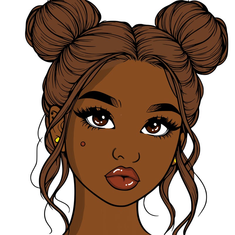 realistic girl with two buns on her hair and lips