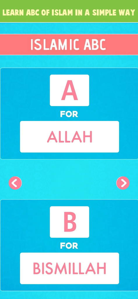 Muslim Education - Islam Games - A screenshot of the Islamic ABC feature in the app showing letters A for Allah and B for Bismillah