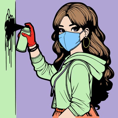 realistic girl with mask spray painting a wall
