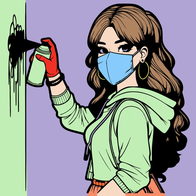 realistic girl with mask spray painting a wall