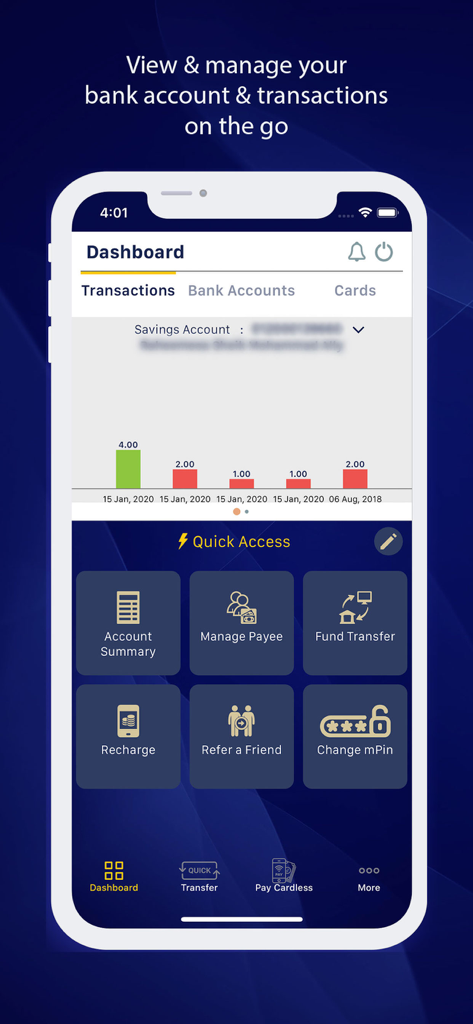 MauBank WithMe mobile banking dashboard with account overview and quick access features