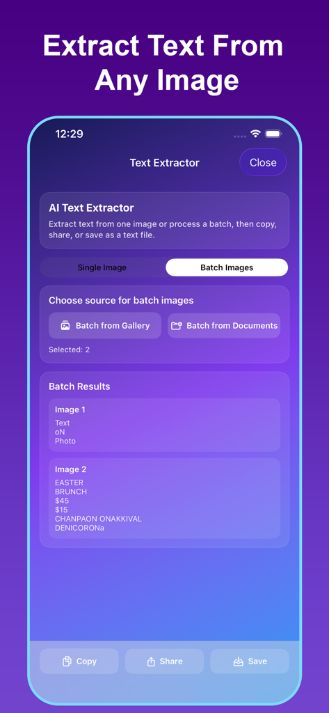 EaseMate AI mobile app interface for extracting text from multiple images