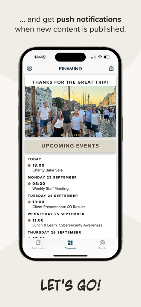 PinToMind Goモバイルアプリインターフェイス。プッシュ通知と今後の組織イベントのスケジュールが表示されています。