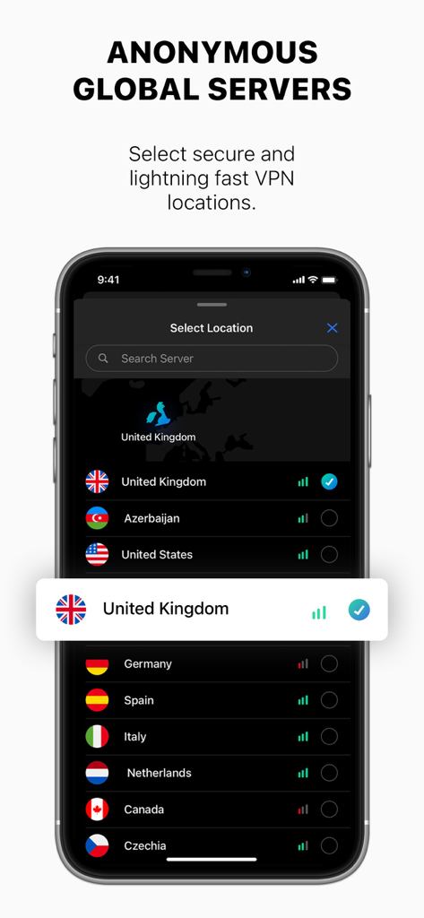 VPN Super Unlimited - Secret - Schermata dello smartphone che mostra un elenco di posizioni di server VPN globali anonime, tra cui Regno Unito e Stati Uniti