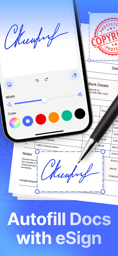 A smartphone screen showing the eSign app interface for creating and applying digital signatures to documents.