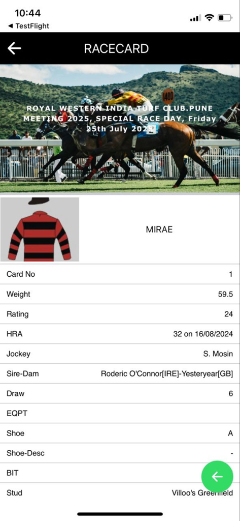 RWITC Official app racecard screen showing horse racing statistics for Mirae including jockey and weight