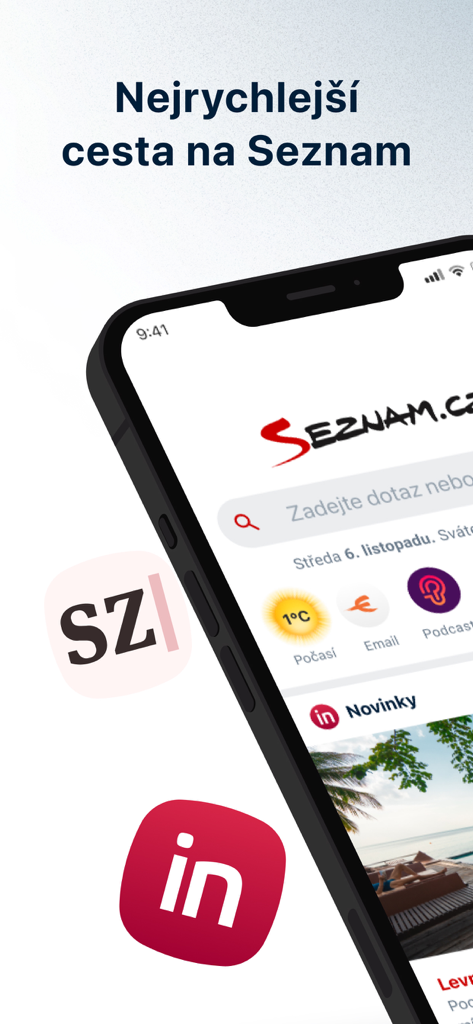 Smartphone displaying the Seznam.cz mobile app interface with search and Czech news content.