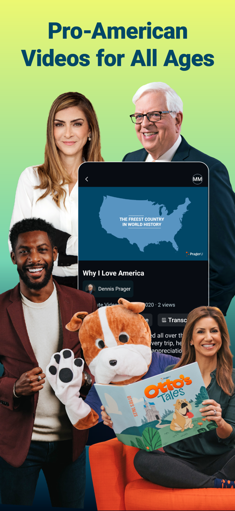 PragerU - PragerU app interface showcasing educational videos and kids content featuring Dennis Prager and Otto the dog