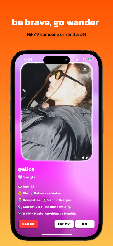 Find Your Vibe - Find Your Vibe app user profile screen showing a user named Alice with options to HiFYV or DM