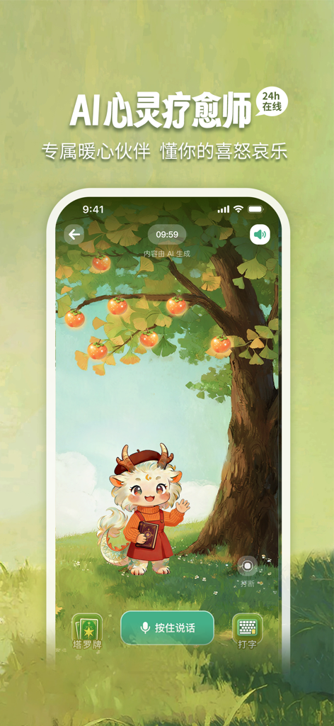 央心心理咨询—心理咨询测试平台 - A smartphone screen displaying the AI spiritual healer interface of the Yangxin app featuring a cute cartoon character in a peaceful forest landscape.