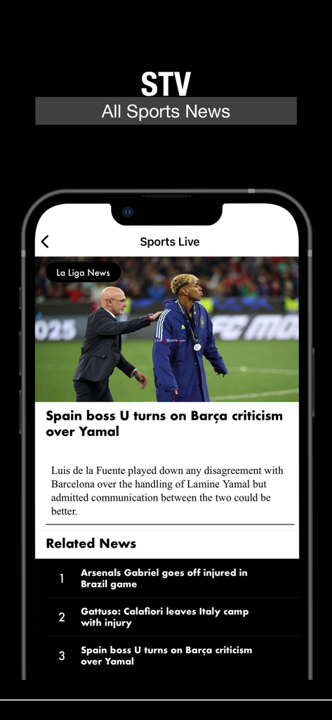 Sports Live TV Streaming - Pantalla de smartphone que muestra las últimas noticias y titulares de fútbol de la aplicación Sports Live TV