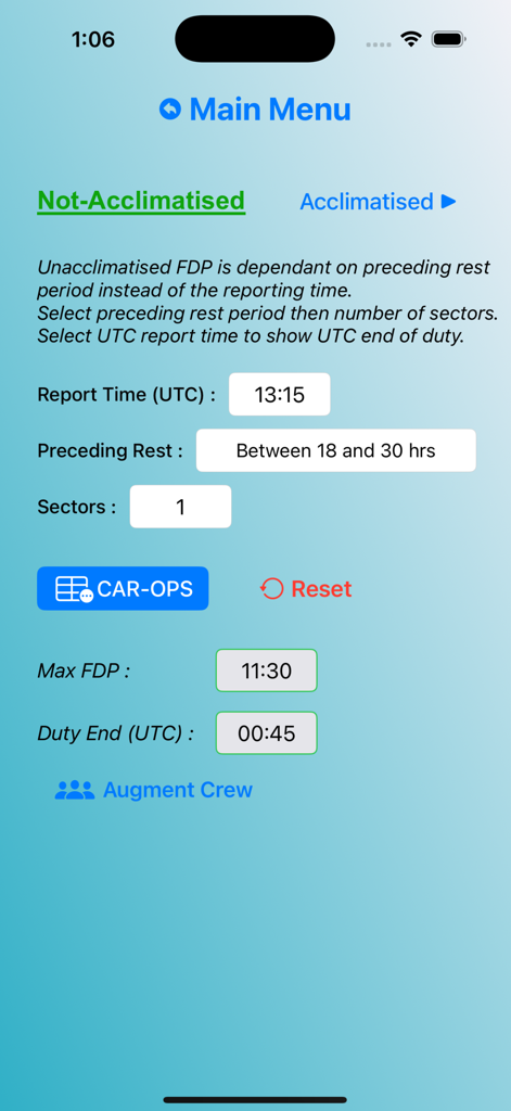 FDPme mobile app screen displaying flight duty period calculation for unacclimatised crew including report time and max duty limits