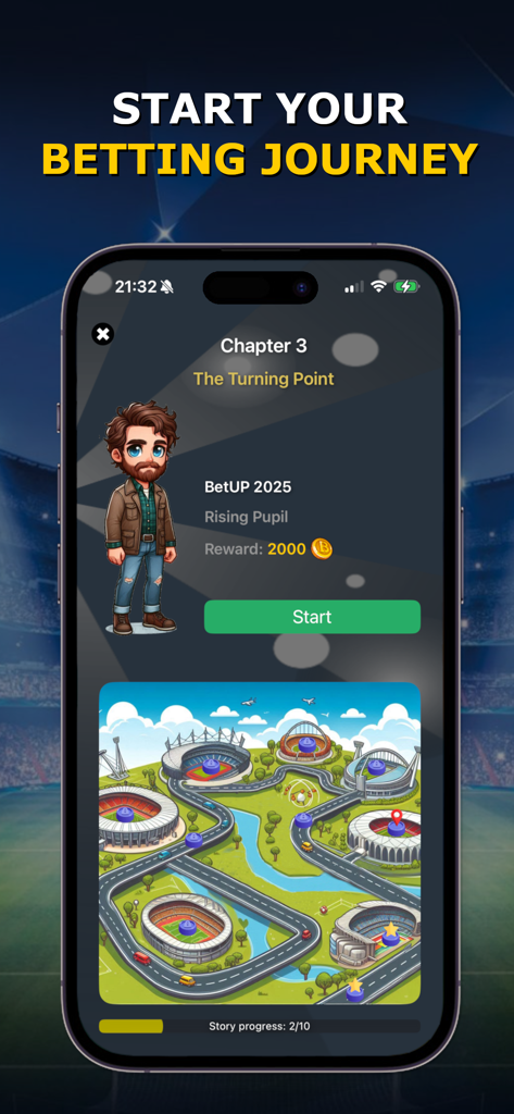 Bet Up - Sports Betting Game - Interface do aplicativo de apostas esportivas Bet Up mostrando o mapa do modo história e a tela de progressão do personagem