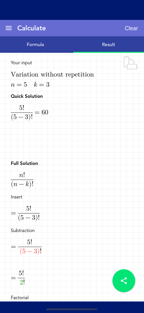 Combinatorics PRO - Detaillierte mathematische Berechnung für Variationen ohne Wiederholung in der Combinatorics PRO App