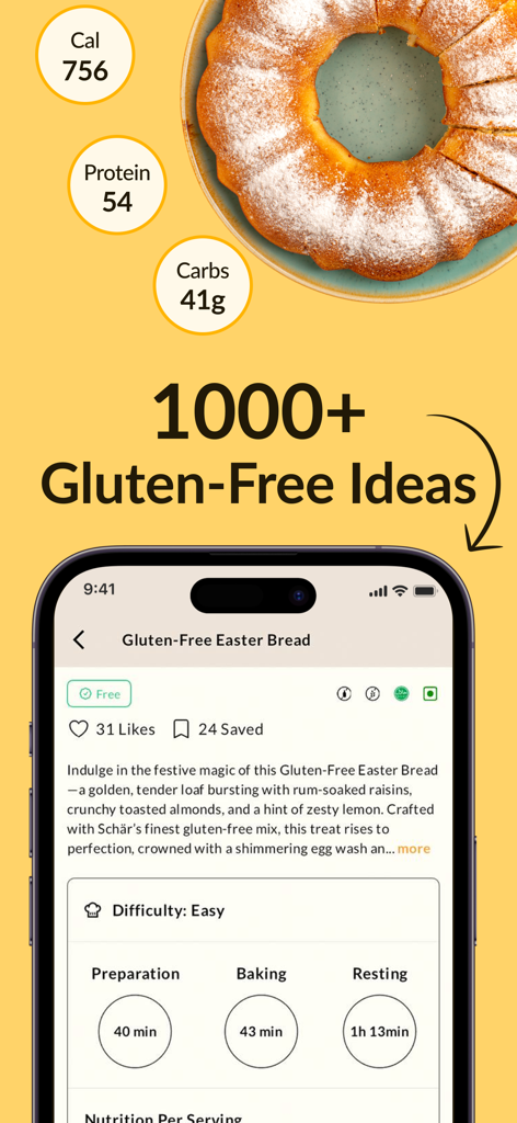 Olivers Gluten Free World - Interfaz de la aplicación Olivers Gluten Free World con una receta de pan de Pascua y datos nutricionales