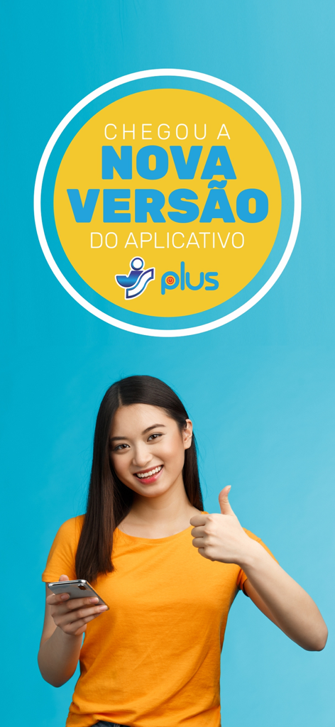 A woman holding a smartphone and giving a thumbs up with a graphic announcing the new version of the Jau Serve Plus app