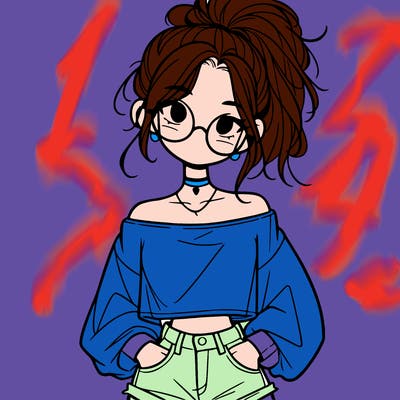 girl with a messy ponytail glasses a baggy crop top and jean shorts