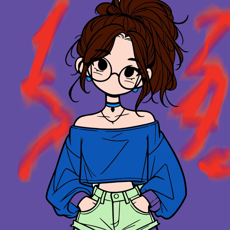 girl with a messy ponytail glasses a baggy crop top and jean shorts