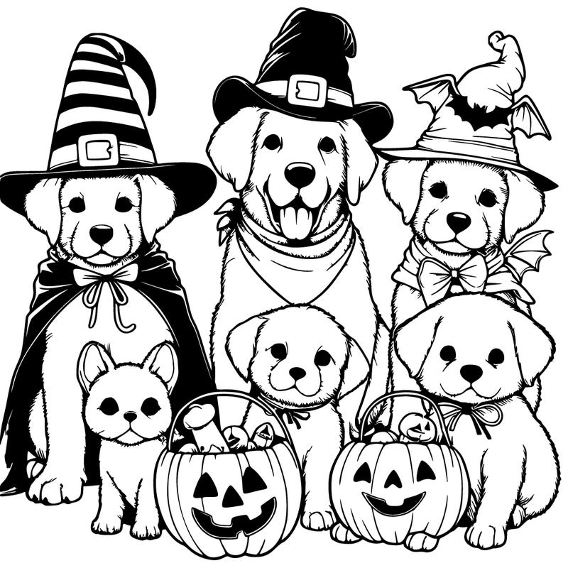 realistic dog and puppies dressed up for halloween