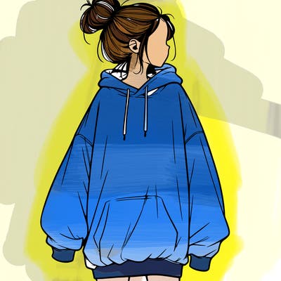 realistic girl with a oversized sweatshirt on and a bun