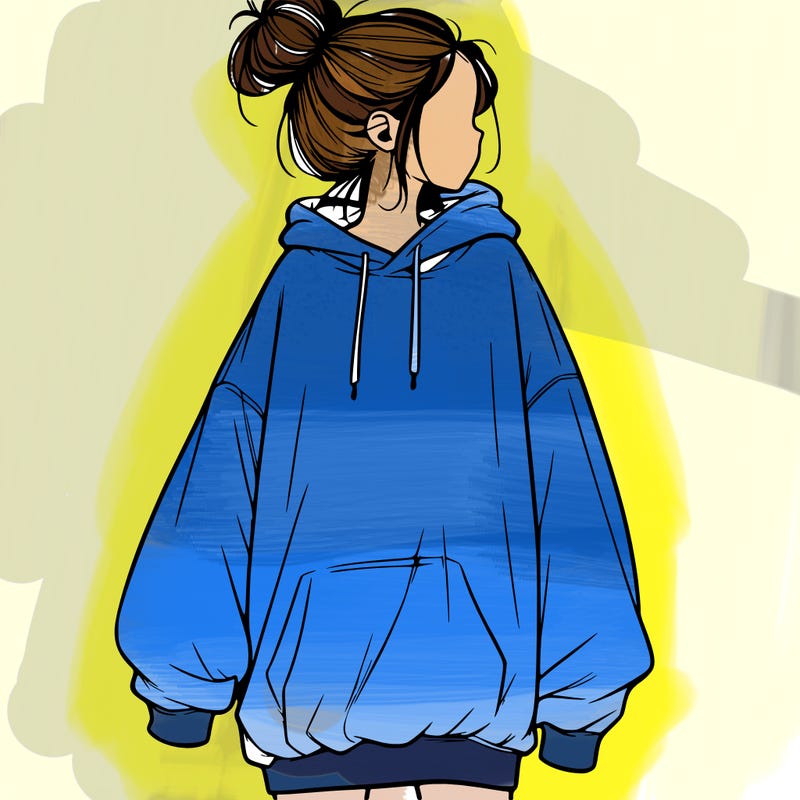realistic girl with a oversized sweatshirt on and a bun