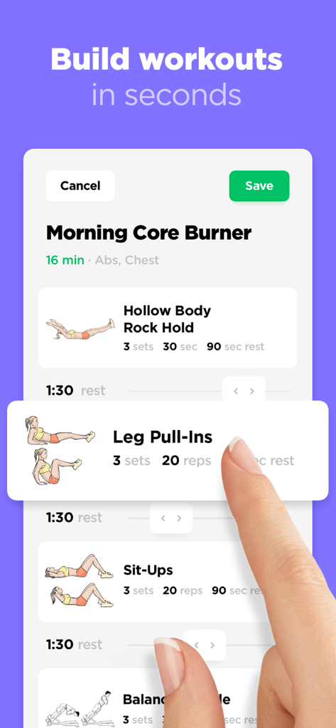 Interfaz de la aplicación Workout Builder que muestra una rutina personalizada de core con ejercicios ilustrados y series.